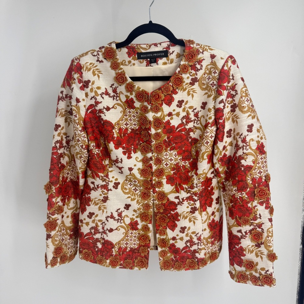 Boston Proper Red Gold Floral Tapestry Blazer 3D Rose Applique Jacket Size 14